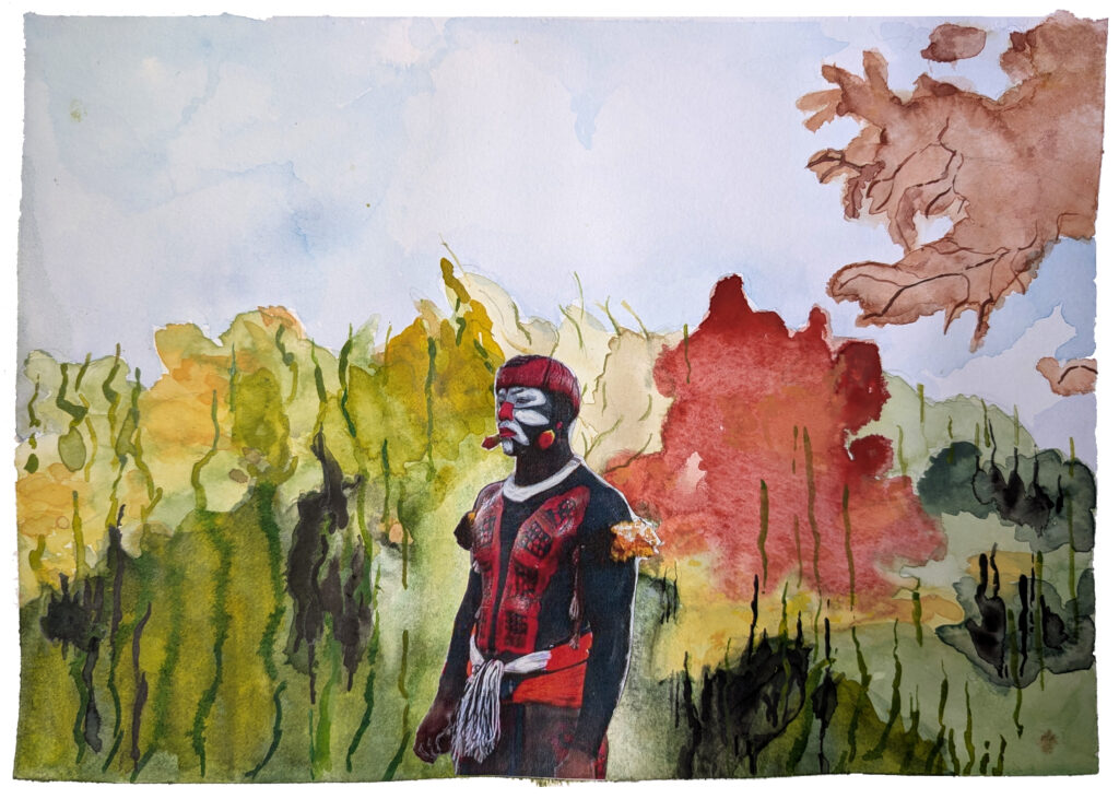 Peinture réalisé avec de l'aquarelle par un élève du cours d'arts plastique. Il représente un homme du peuple autochtone de l'Amazonie. - Agrandir l'image, fenêtre modale