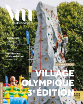 Couverture du magazine de Villeneuve-la-Garenne du mois de juillet et août 2026 mettant en avant un mur d'escalade avec un enfant pour le village olympique