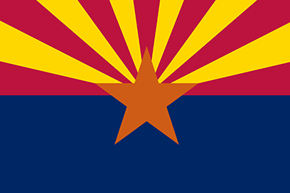drapeau de l'état d'Arizona es États-Unis. Ce drapeau a une étoile orange au milei qui a des traits de couleurs rouges et jaunes sur le dessus. Le bas est un fond bleu marine. - Agrandir l'image, fenêtre modale