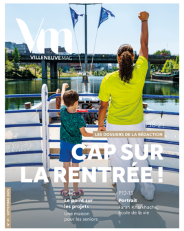 couverture du Villeneuve Mag de Villeneuve-la-Garenne, représentant deux enfants sur un bateau face au paysage le bras lever pour indiquer le cap sur la rentrée