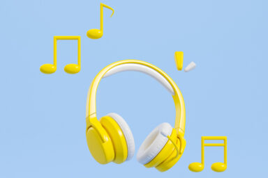 casque de musique jaune avec des notes de musique
