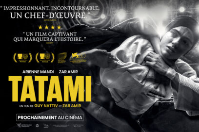 affiche du film tatmi représentant une femme voilée qui fait une prise de judo à une autre femme avec écrit le nom du film Tatami en jaune ainsi que les critiques des médias. - Agrandir l'image, fenêtre modale