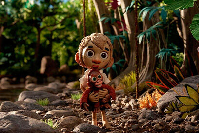 illustration d'un petit qui est dans la forêt et qui tient un singe dans ses bras. Illustration pour le film "Sauvages" - Agrandir l'image, fenêtre modale