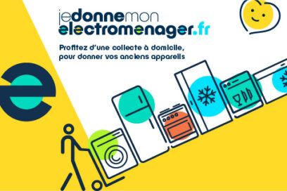 illustration sur fond jaune et blanc d'un bonhomme qui soulève un chariot avec des électroménagers (lave-linge, frigo, four, congélateur). Il y a écrit je donne mon électroménager .fr - Agrandir l'image, fenêtre modale