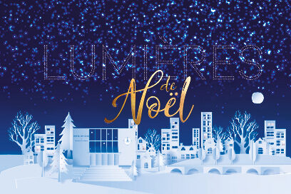 illustration de la ville de Villeneuve-la-Garenne enneigée avec écrit Lumières de Noël pour annoncer leur événement - Agrandir l'image, fenêtre modale