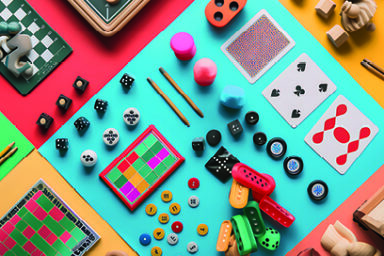 Plateau de divers jeux de sociétés avec des dès des jetons, des cartes