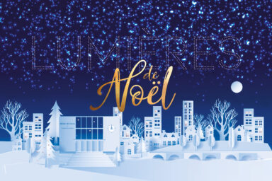 illustration de la ville de Villeneuve-la-Garenne enneigée avec écrit Lumières de Noël pour annoncer leur événement