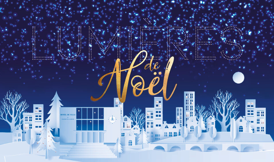 illustration de la ville de Villeneuve-la-Garenne enneigée avec écrit Lumières de Noël pour annoncer leur événement