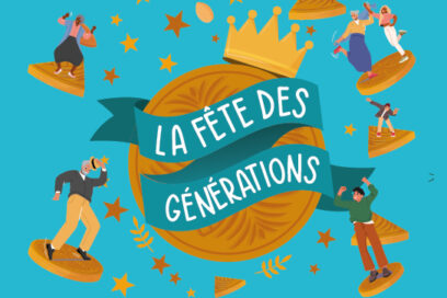 Illustration sur fond bleu clair avec une galette des rois au milieu avec écrit "la fête des générations". Tout au tour des bonhommes d'âges différents sont sur des galettes. - Agrandir l'image, fenêtre modale