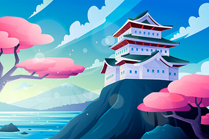 illustration d'une île au Japon avec des cerisiers japonais et une maison - Agrandir l'image, fenêtre modale